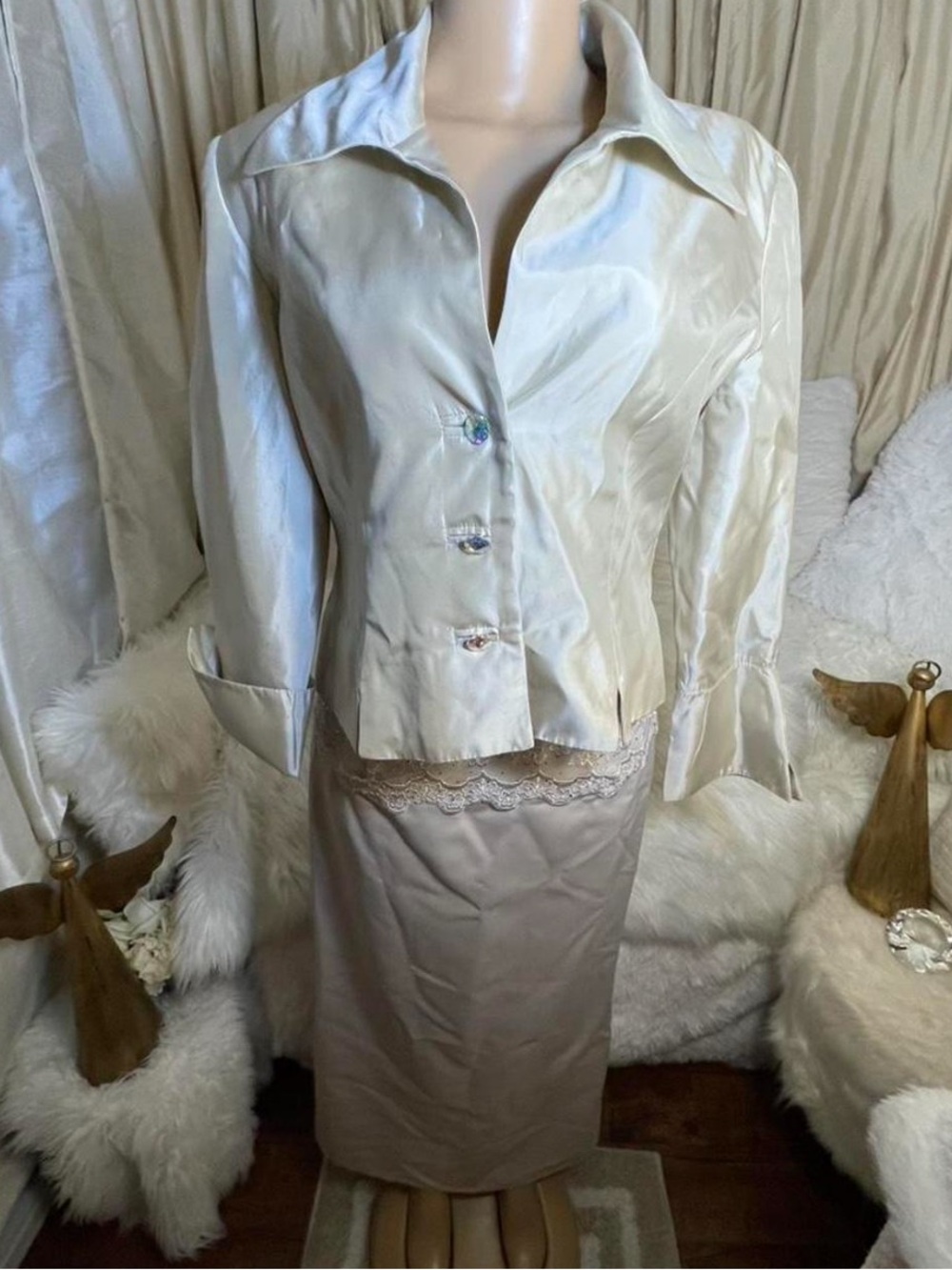 Scott McClintock Elegant Ivory Satin Blazer and Dress Set. Size 14